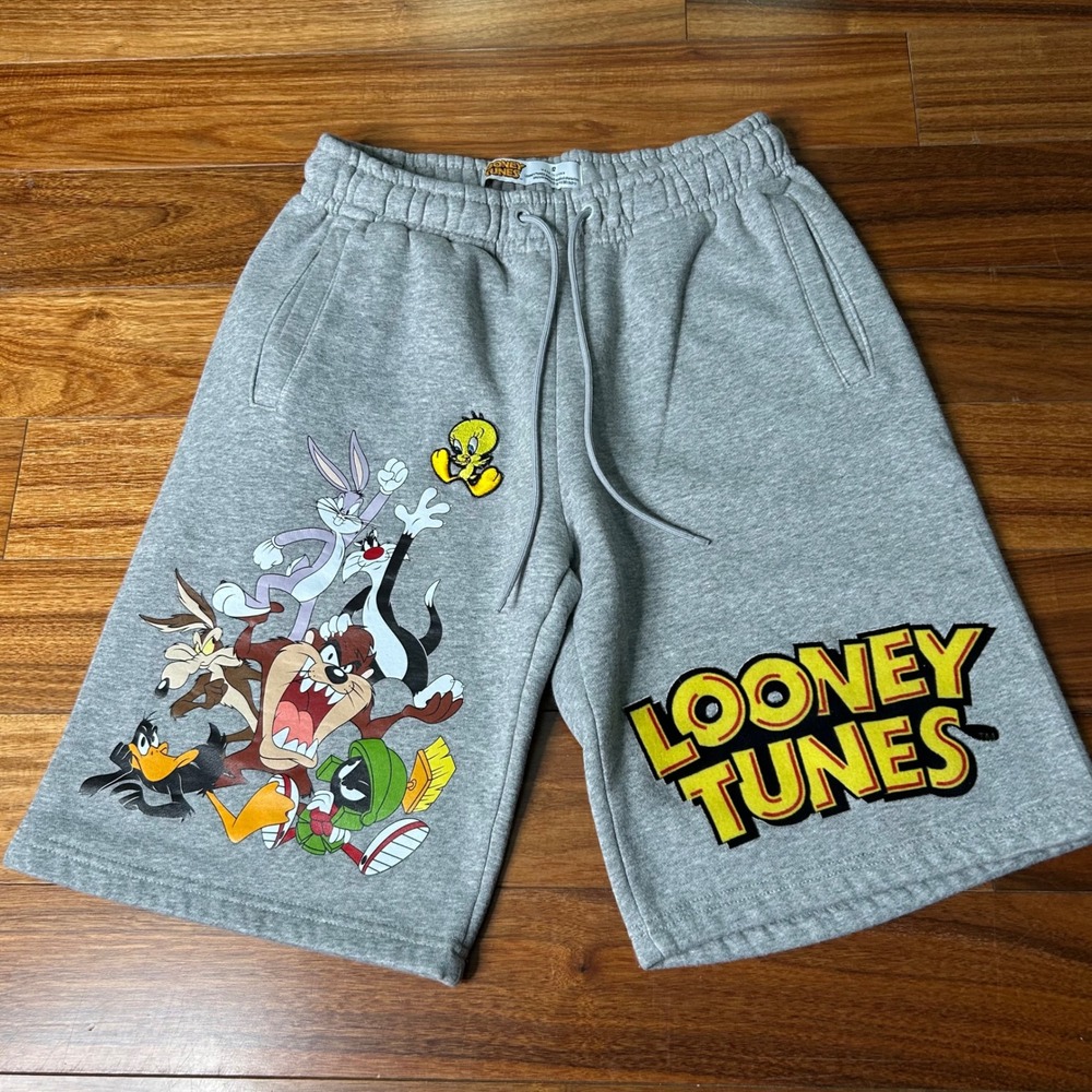 Looney Tunes Mens Graphic Sweat Shorts Gray Cotton Fleece Bugs Bunny Taz Small